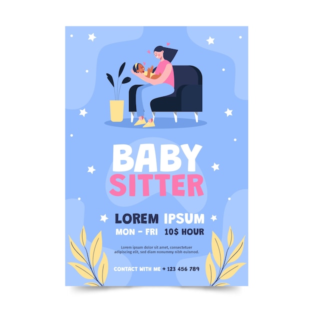 Vector hand drawn flat design babysitting flyer