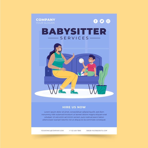 Vector hand drawn flat design babysitting flyer