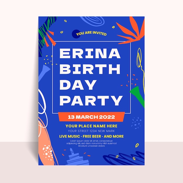 Hand drawn flat design birthday party flyer