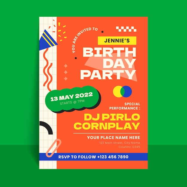 Hand drawn flat design birthday party flyer