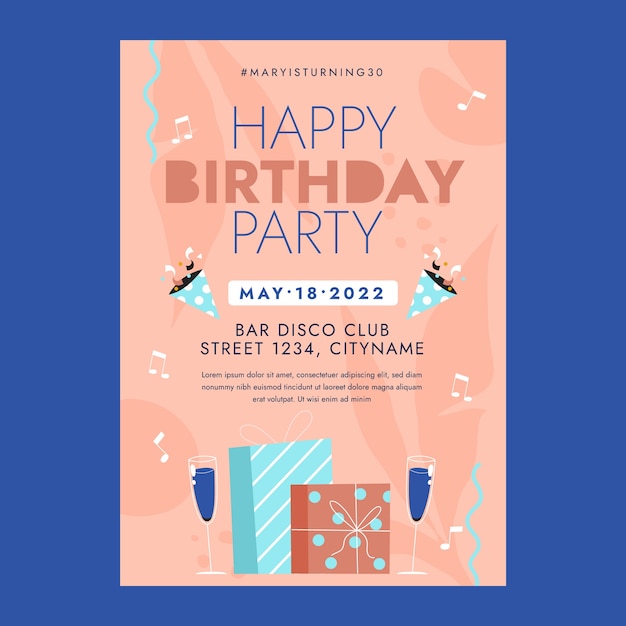 Hand drawn flat design birthday party flyer