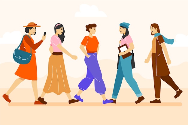 Hand drawn flat design crowd of people walking illustration