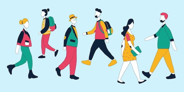 Hand drawn flat design crowd of people walking illustration