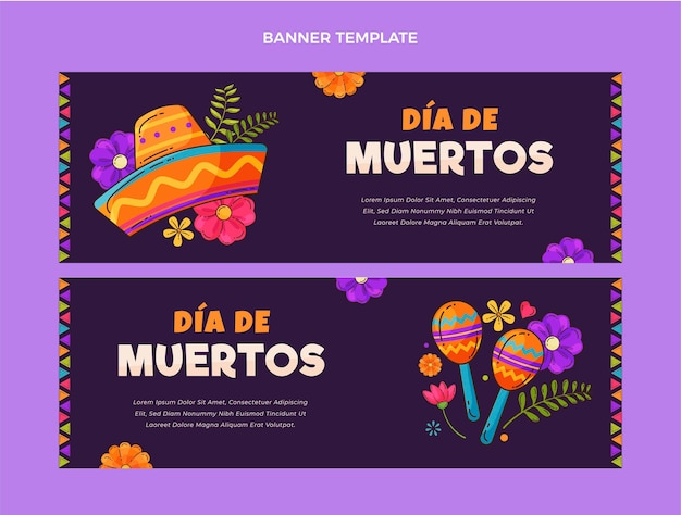 Hand drawn flat design dia de muertos banners horizontal