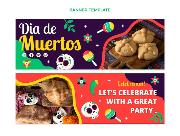 Vector hand drawn flat design dia de muertos banners horizontal