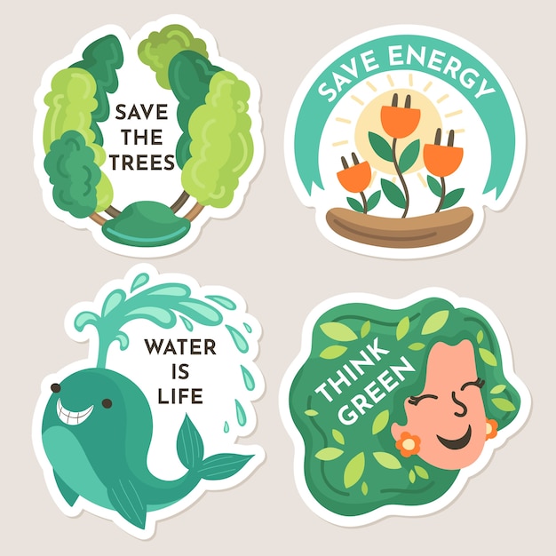 Hand drawn flat design ecology labels