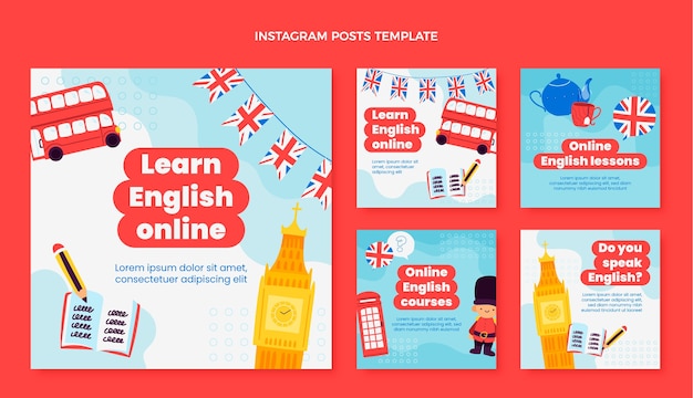 Hand drawn flat design english lessons template