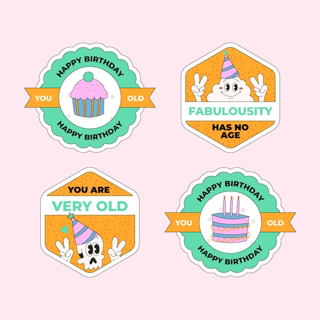 Hand drawn flat design funny birthday label collection