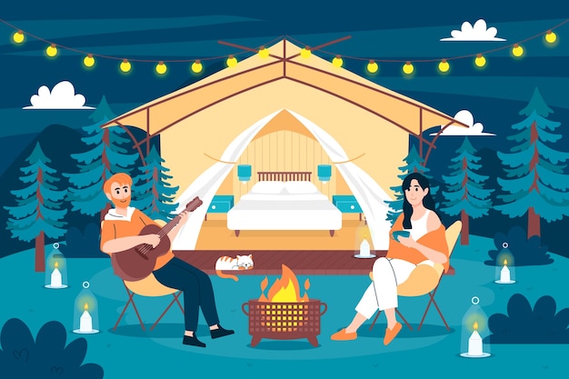 Hand drawn flat design glamping illustration