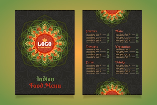 Vector hand drawn flat design indian menu template