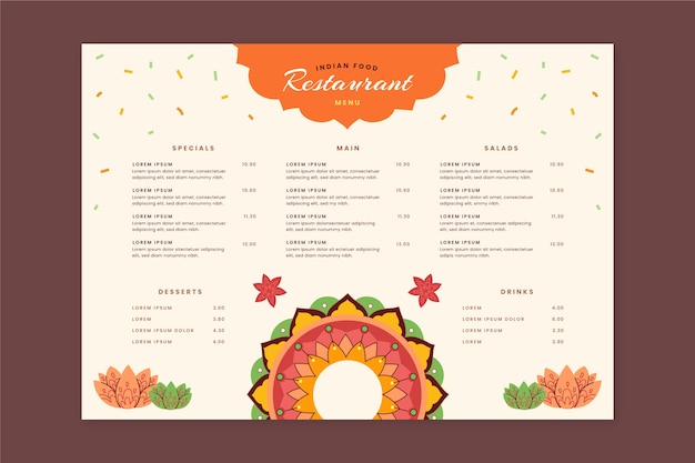 Vector hand drawn flat design indian menu