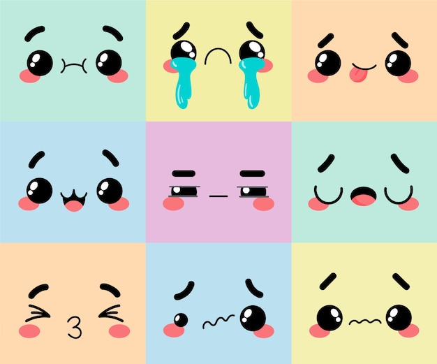 Hand drawn flat design kawaii face collection