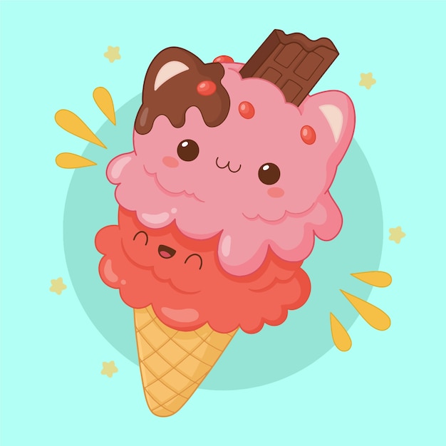 Hand drawn flat design kawaii foods illustration