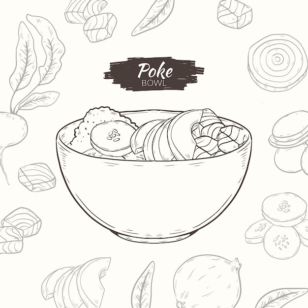 Hand drawn flat design poke bowl food illustration