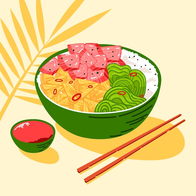 Hand drawn flat design poke bowl food illustration