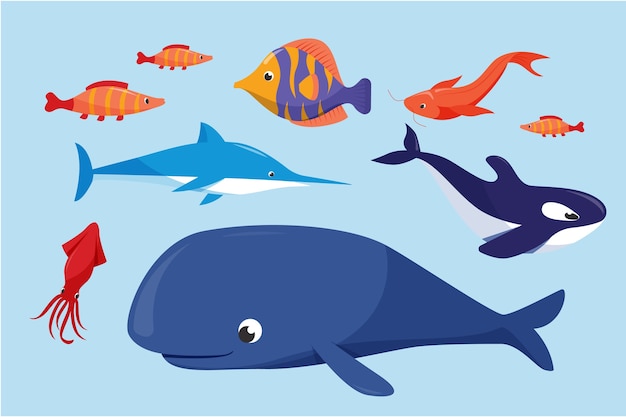 Hand drawn flat design sea animals collection