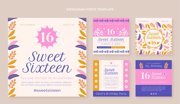 Hand drawn flat design sweet 16 instaggram post