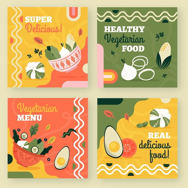 Hand drawn flat design vegetarian food instagram posts