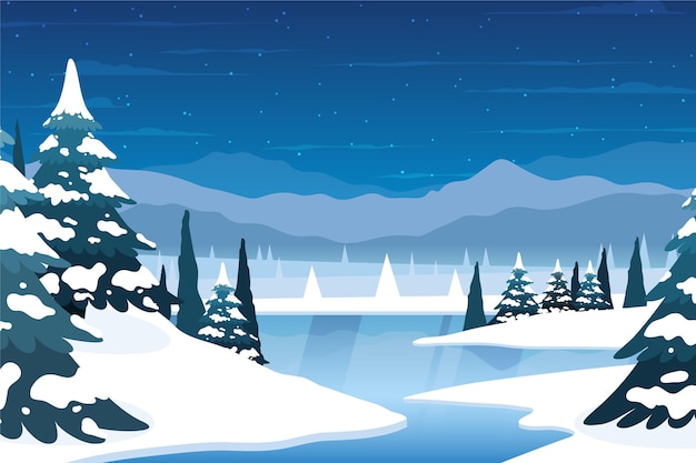 Hand drawn flat design winter landscape