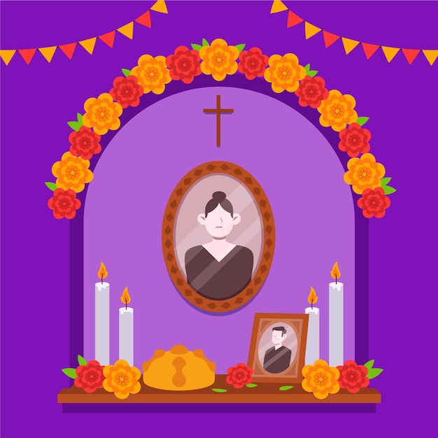 Hand drawn flat dia de muertos family home altar illustration