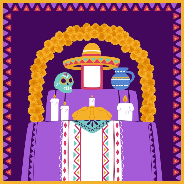 Hand drawn flat dia de muertos family home altar illustration