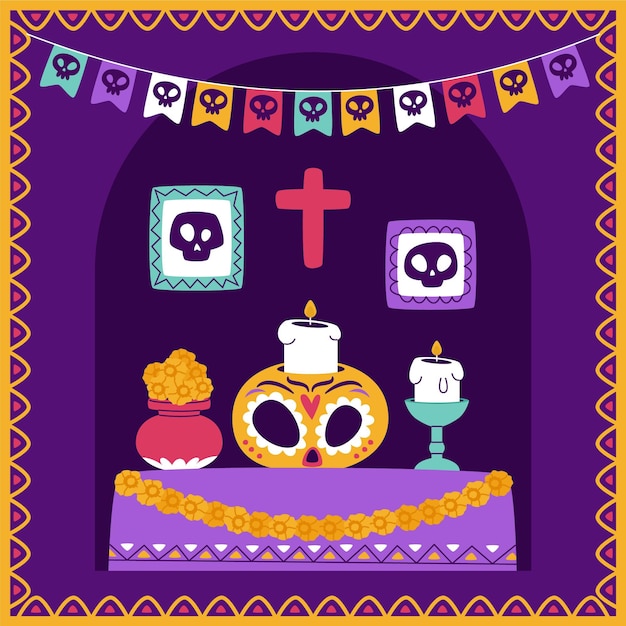 Hand drawn flat dia de muertos family home altar illustration