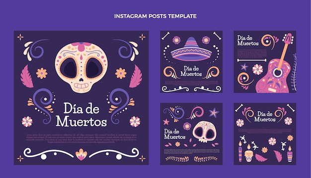 Hand drawn flat dia de muertos instagram posts collection