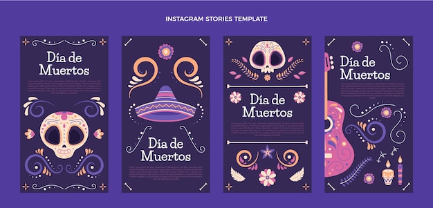 Hand drawn flat dia de muertos instagram stories collection