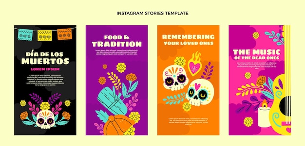 Hand drawn flat dia de muertos instagram stories collection