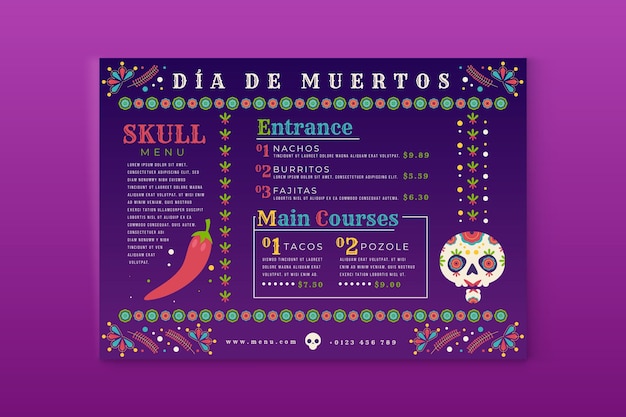 Hand drawn flat dia de muertos menu template