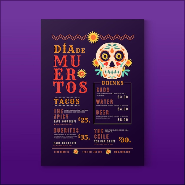 Hand drawn flat dia de muertos menu template