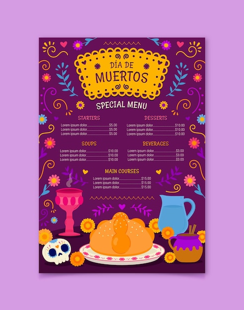 Hand drawn flat dia de muertos menu template