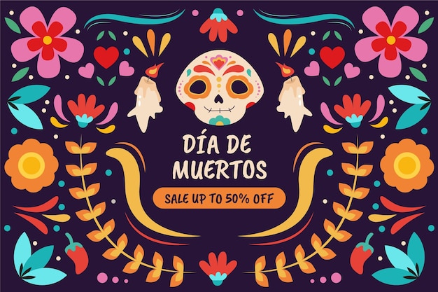 Hand drawn flat dia de muertos sale background