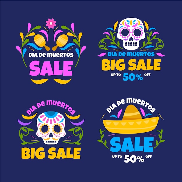 Hand drawn flat dia de muertos sale labels collection