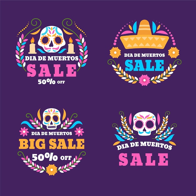 Hand drawn flat dia de muertos sale labels collection