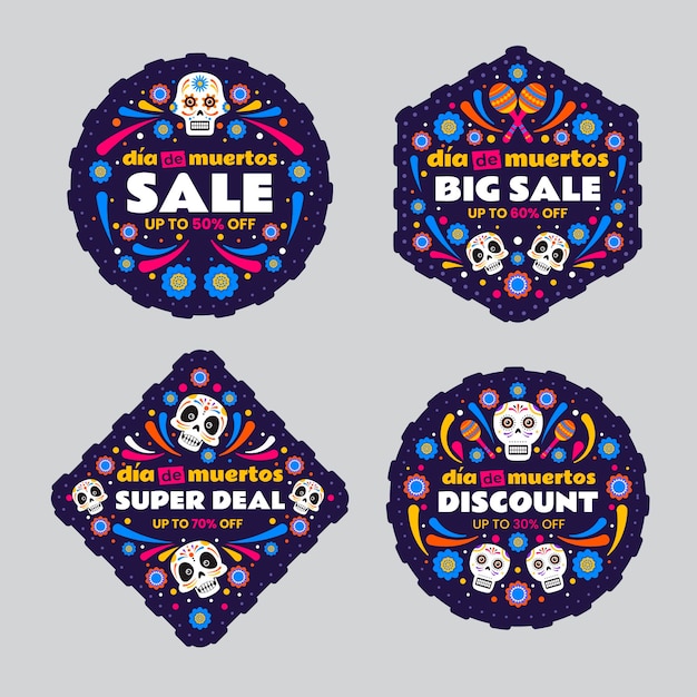 Vector hand drawn flat dia de muertos sale labels collection