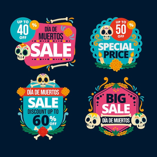 Hand drawn flat dia de muertos sale labels collection