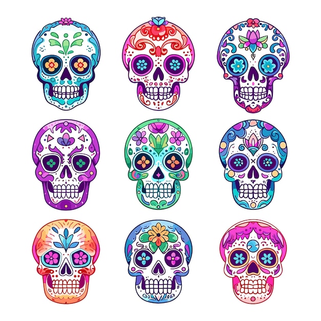 Hand drawn flat dia de muertos skulls collection Decorated mexican skulls