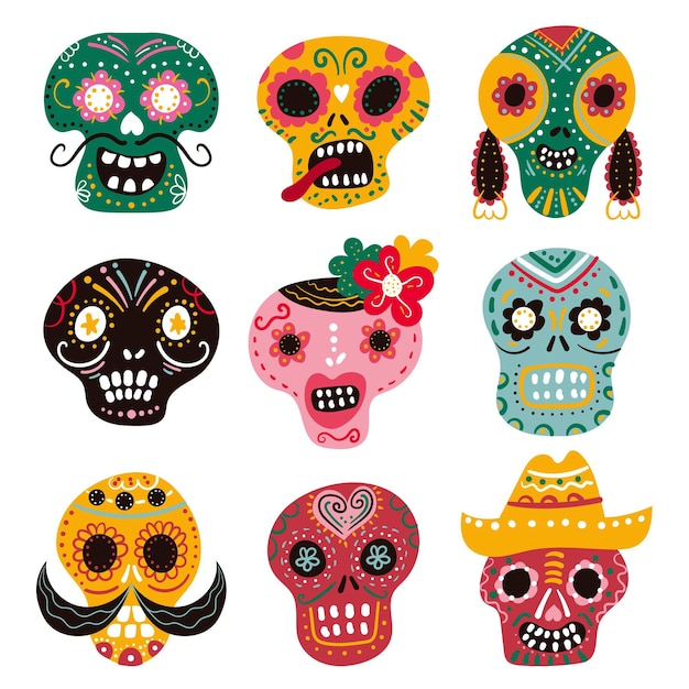 Hand drawn flat dia de muertos skulls collection