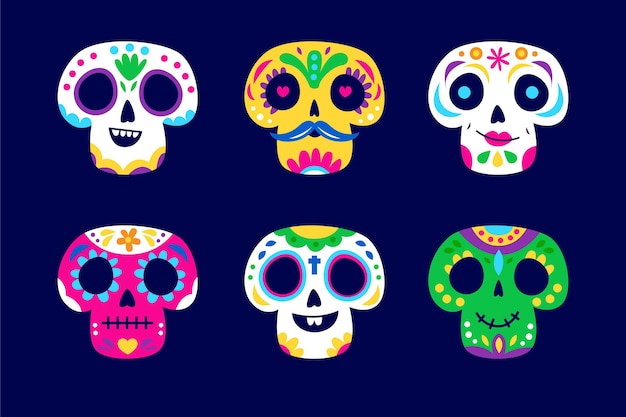 Hand drawn flat dia de muertos skulls collection