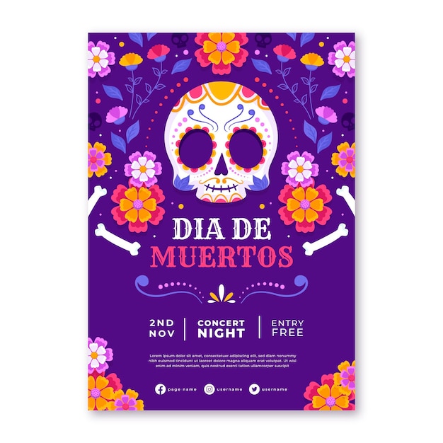 Hand drawn flat dia de muertos vertical poster template