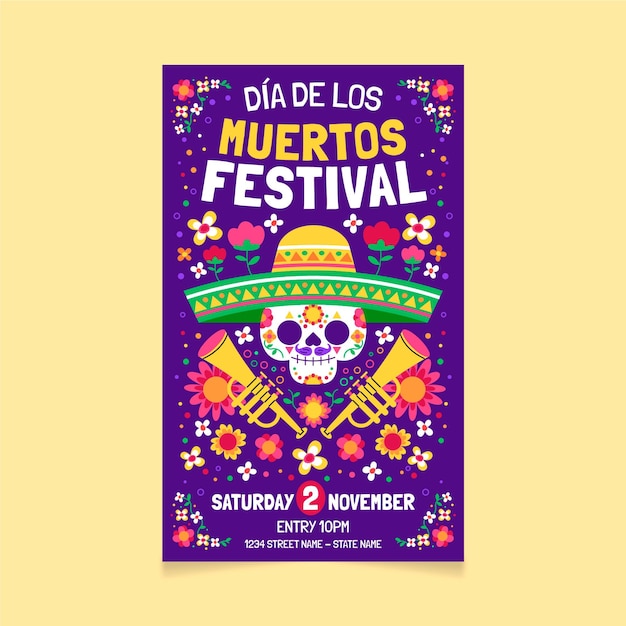 Hand drawn flat dia de muertos vertical poster template