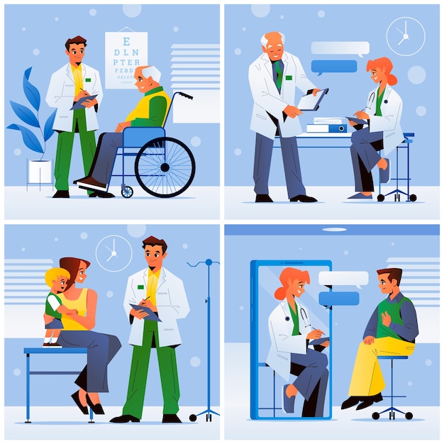 Hand drawn flat family doctor square illustration set