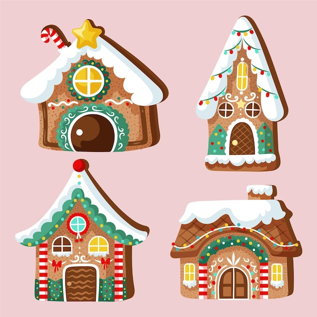 Hand drawn flat gingerbread houses collection