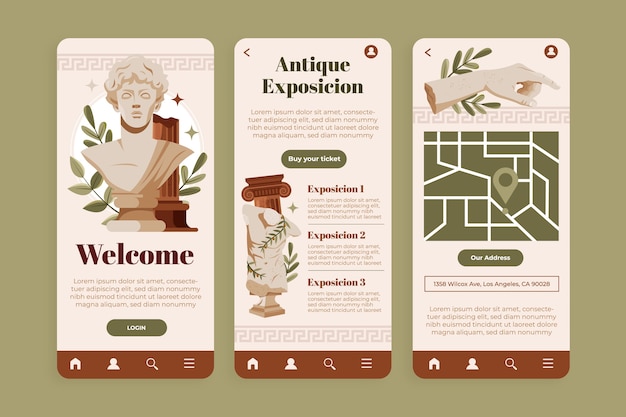 Hand drawn flat greco roman app design template set with antique greek sculpture