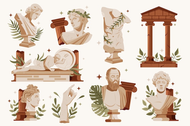 Hand drawn flat greco roman elements collection with antique greek sculptures