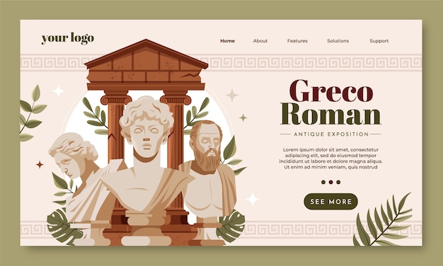 Hand drawn flat greco roman landing page template with antique greek busts