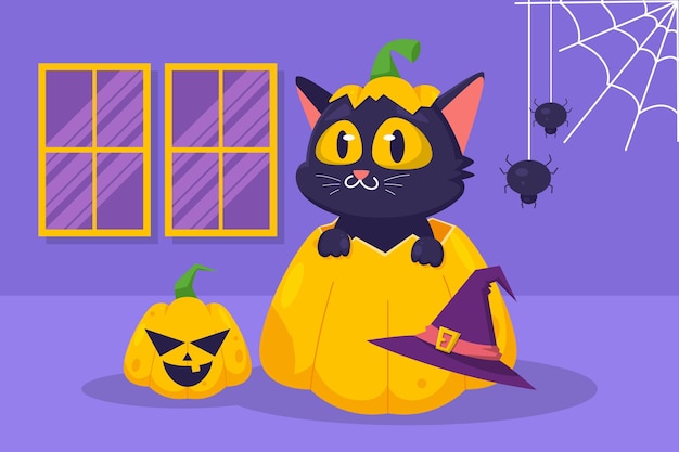 Hand drawn flat halloween cat illustration