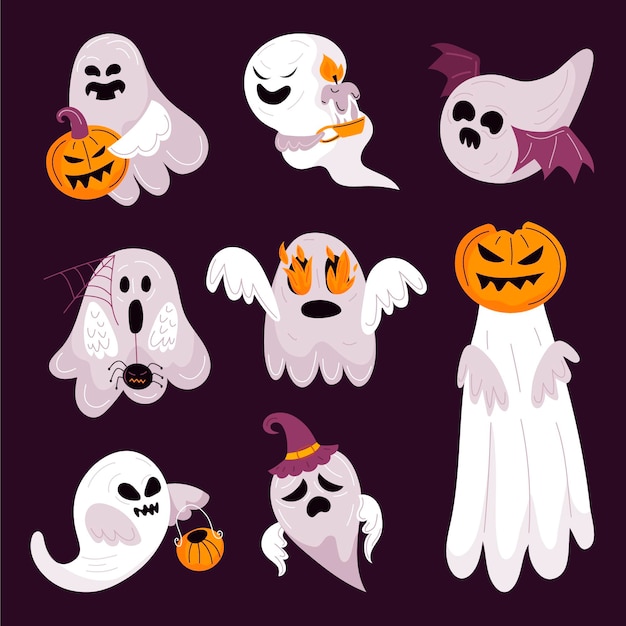 Hand drawn flat halloween ghosts collection