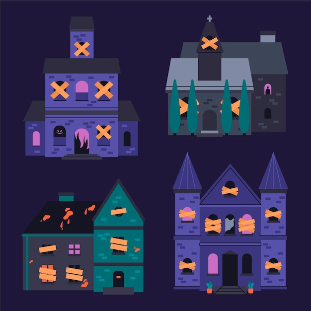 Hand drawn flat halloween haunted houses collection